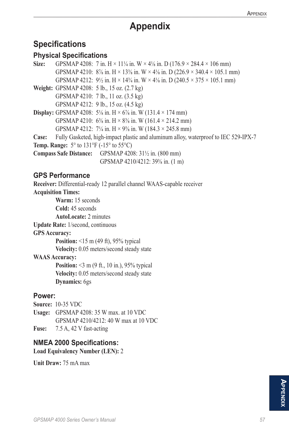 Appendix, Specifications | Garmin GPSMAP 4000 User Manual | Page 61 / 74