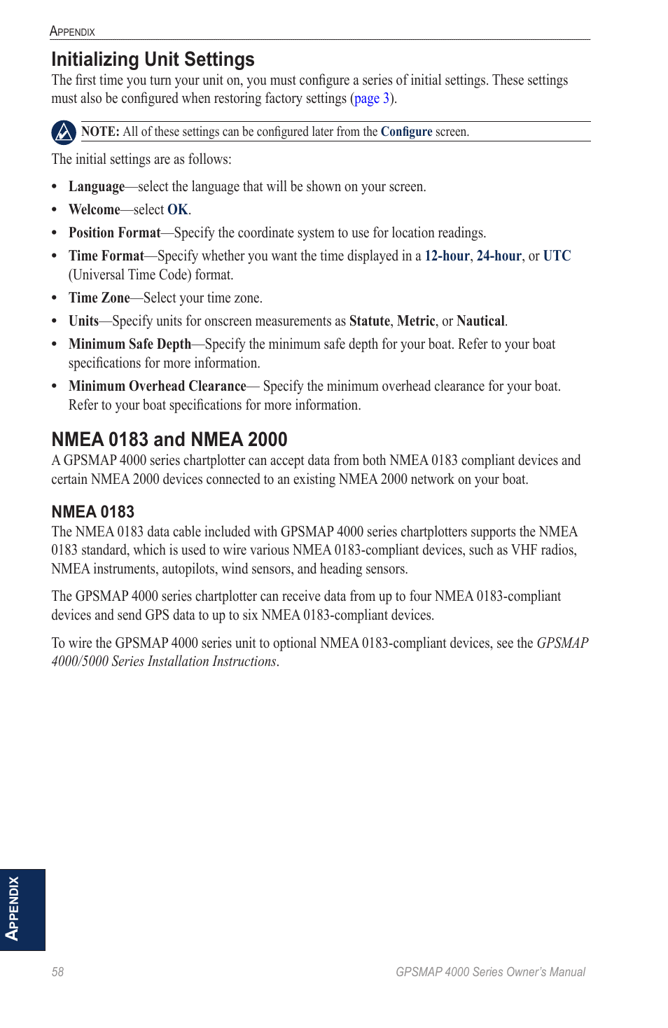 Initializing unit settings, Nmea 0183 and nmea 2000 | Garmin GPSMAP 4000 User Manual | Page 62 / 74