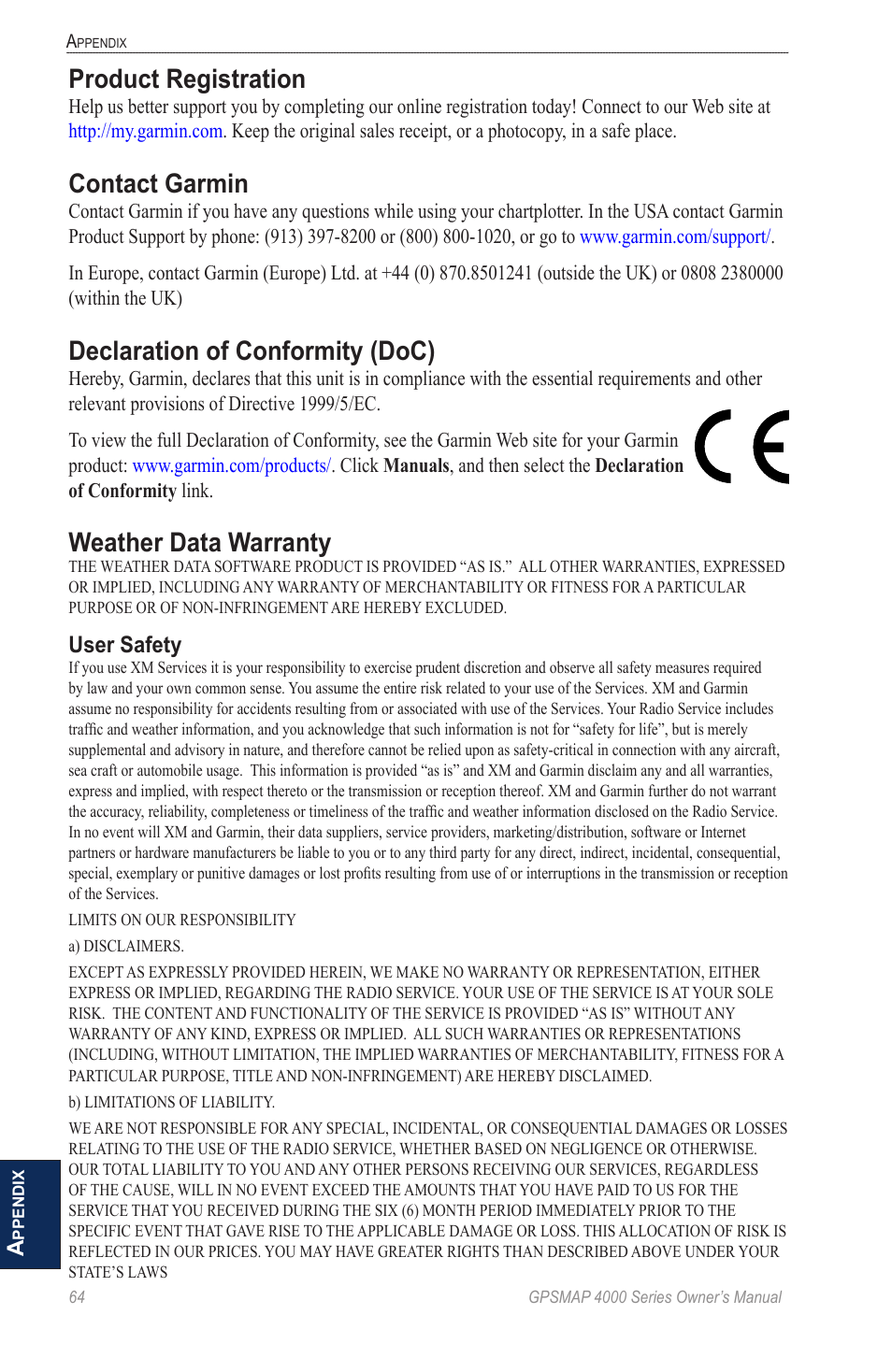 Product registration, Contact garmin, Declaration of conformity (doc) | Weather data warranty, User safety | Garmin GPSMAP 4000 User Manual | Page 68 / 74