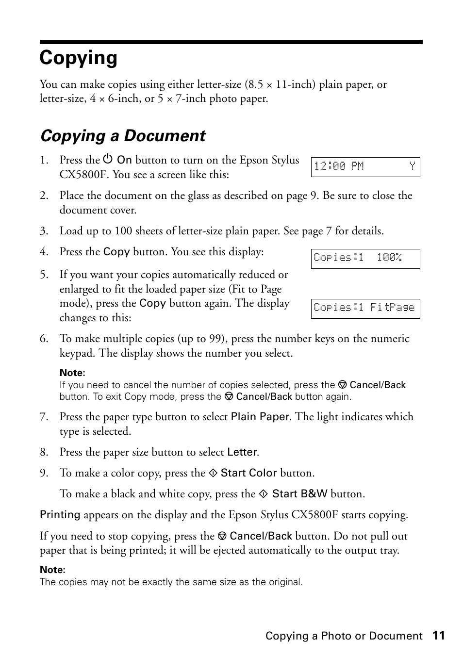 Copying, Copying a document | Garmin STYLUS CX5800F User Manual | Page 11 / 72