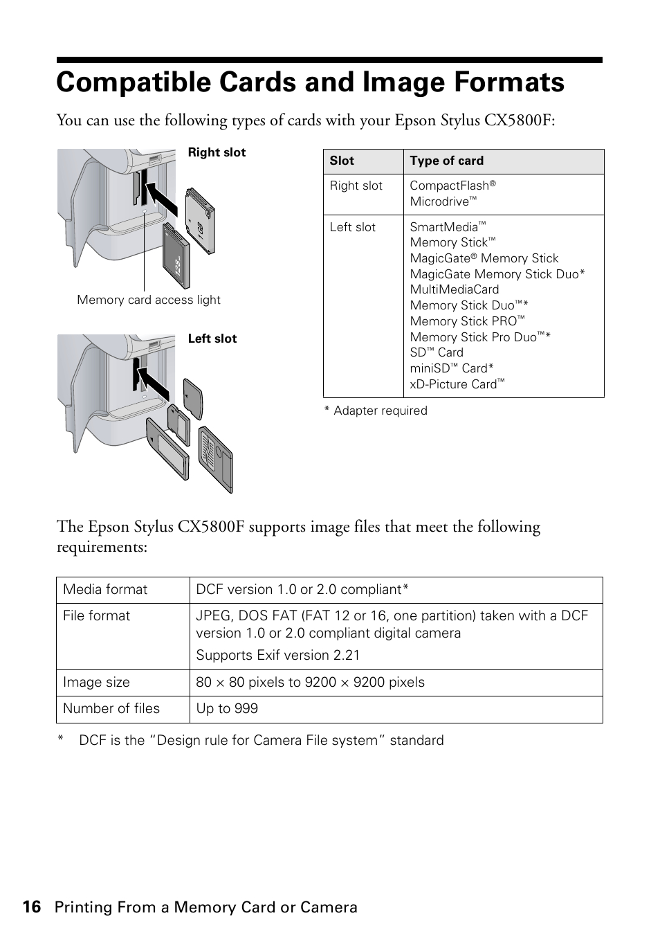 Compatible cards and image formats | Garmin STYLUS CX5800F User Manual | Page 16 / 72