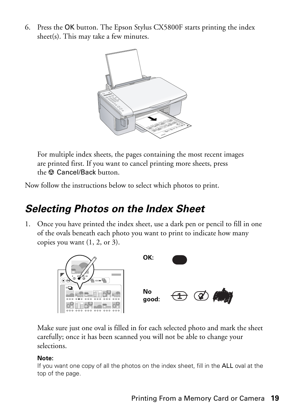 Selecting photos on the index sheet | Garmin STYLUS CX5800F User Manual | Page 19 / 72