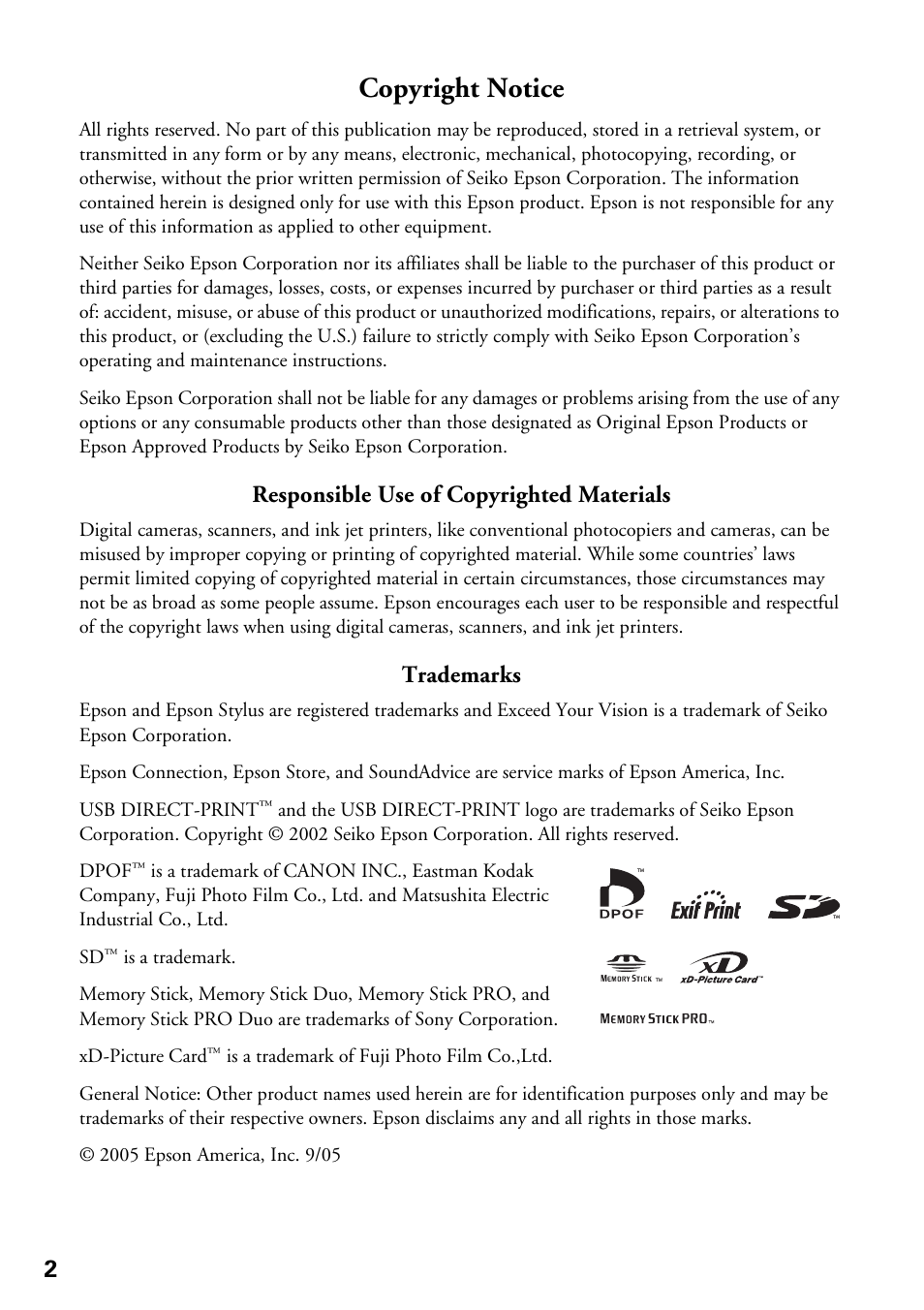 Copyright notice, Responsible use of copyrighted materials, Trademarks | Garmin STYLUS CX5800F User Manual | Page 2 / 72