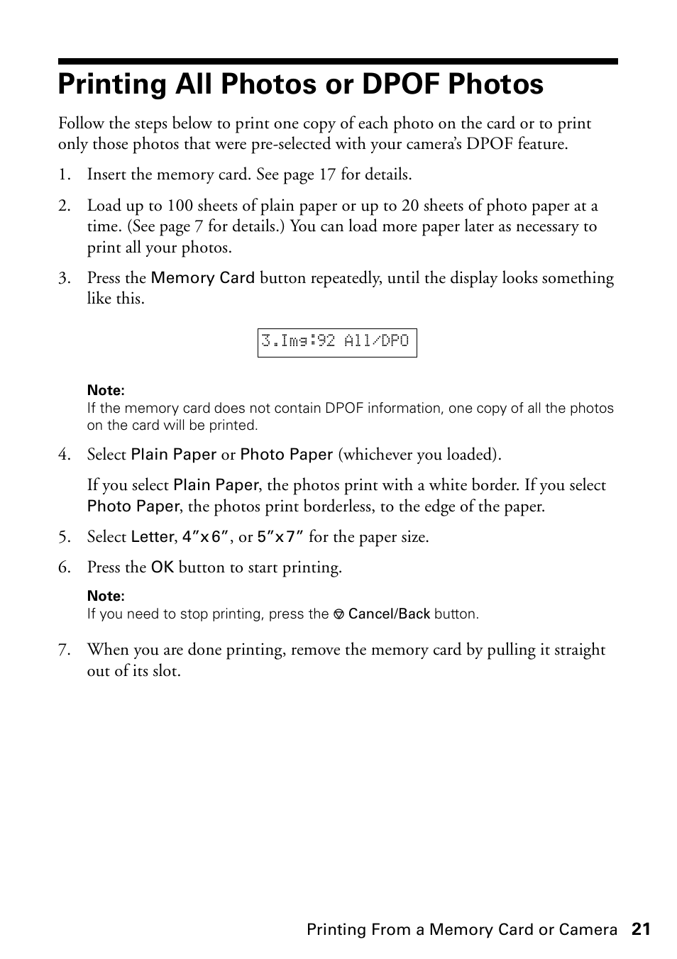 Printing all photos or dpof photos | Garmin STYLUS CX5800F User Manual | Page 21 / 72