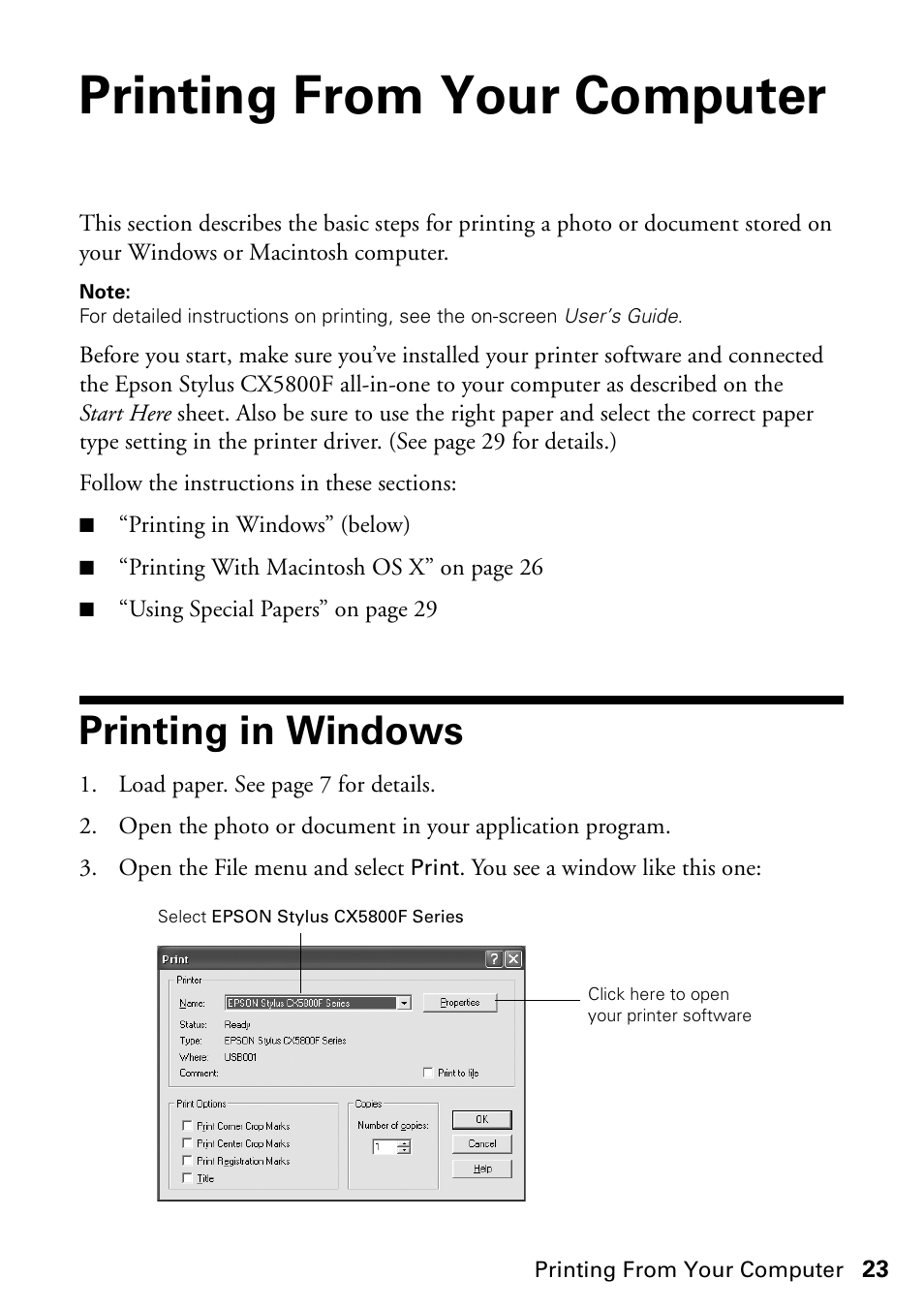 Printing from your computer, Printing in windows | Garmin STYLUS CX5800F User Manual | Page 23 / 72