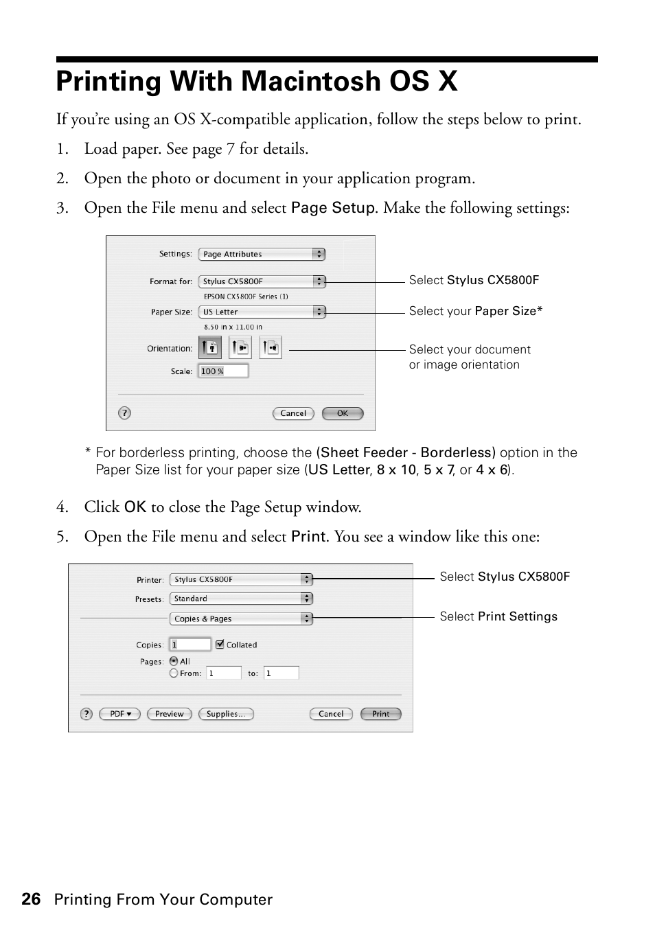 Printing with macintosh os x | Garmin STYLUS CX5800F User Manual | Page 26 / 72