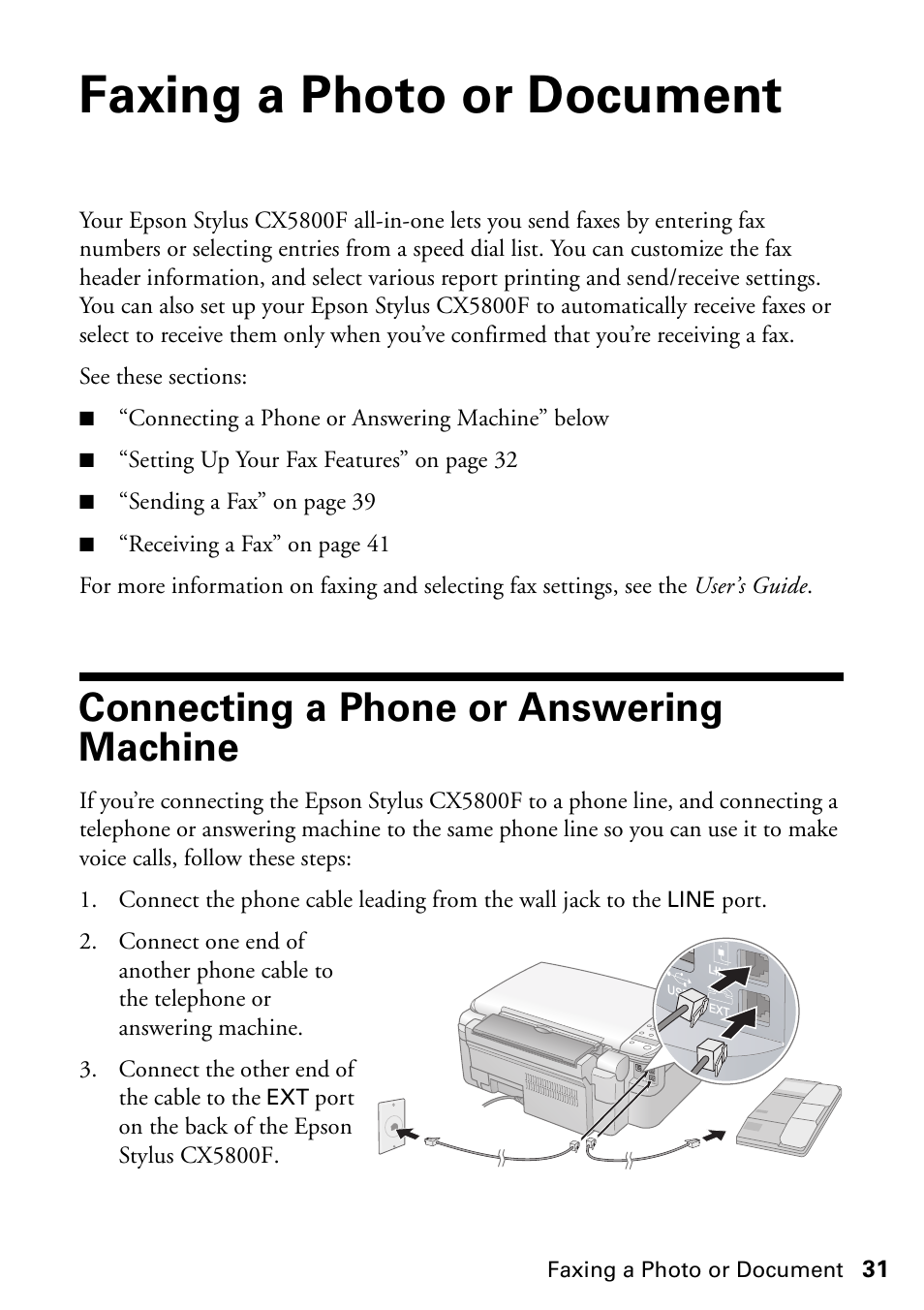 Faxing a photo or document, Connecting a phone or answering machine | Garmin STYLUS CX5800F User Manual | Page 31 / 72