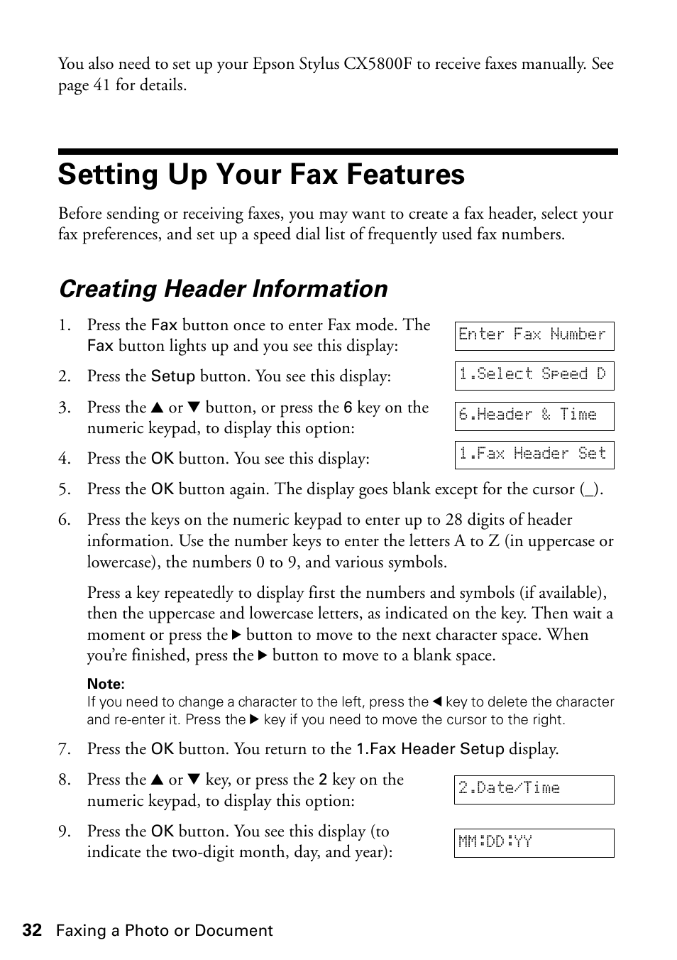 Setting up your fax features, Creating header information | Garmin STYLUS CX5800F User Manual | Page 32 / 72