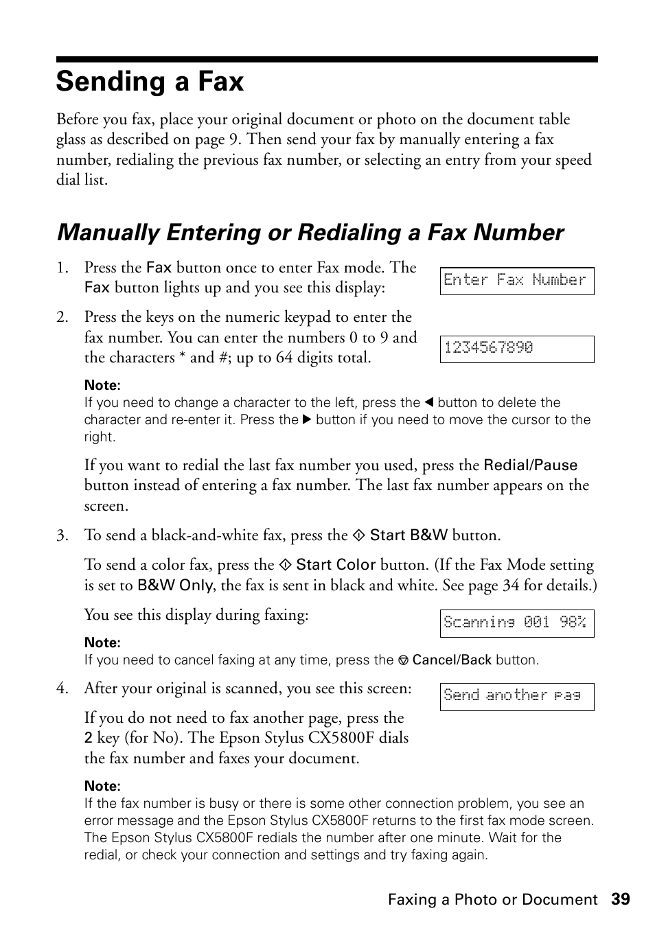 Sending a fax, Manually entering or redialing a fax number | Garmin STYLUS CX5800F User Manual | Page 39 / 72