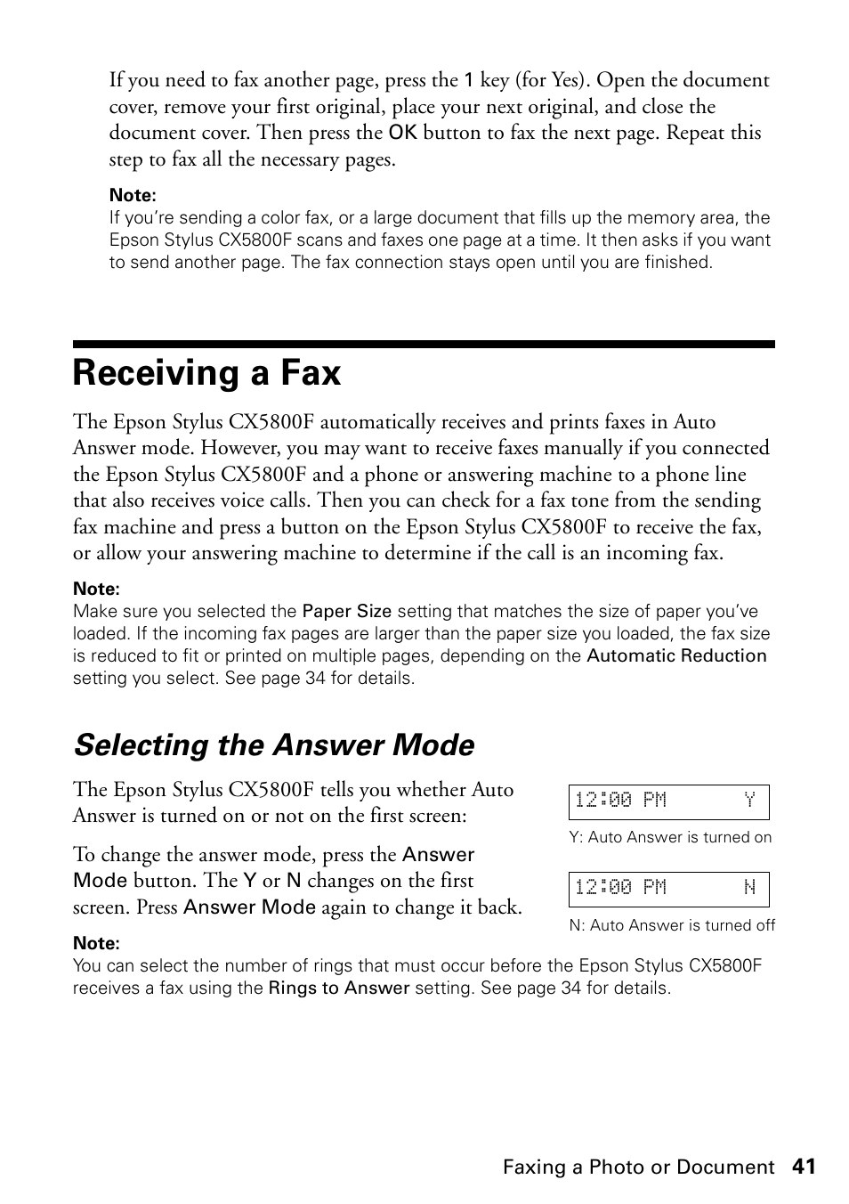 Receiving a fax, Selecting the answer mode | Garmin STYLUS CX5800F User Manual | Page 41 / 72