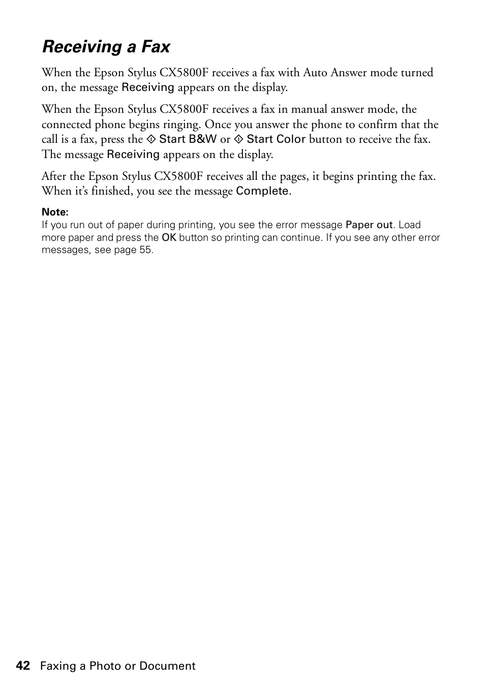 Receiving a fax | Garmin STYLUS CX5800F User Manual | Page 42 / 72