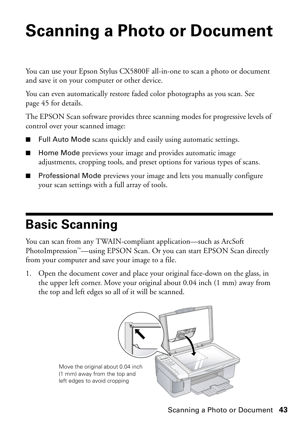 Scanning a photo or document, Basic scanning | Garmin STYLUS CX5800F User Manual | Page 43 / 72