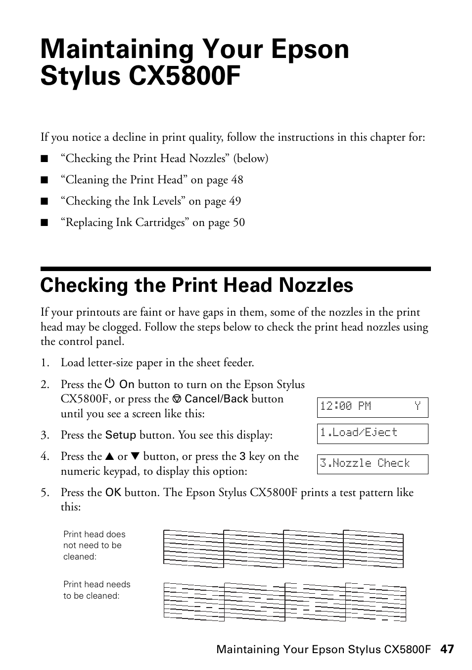 Maintaining your epson stylus cx5800f, Checking the print head nozzles | Garmin STYLUS CX5800F User Manual | Page 47 / 72