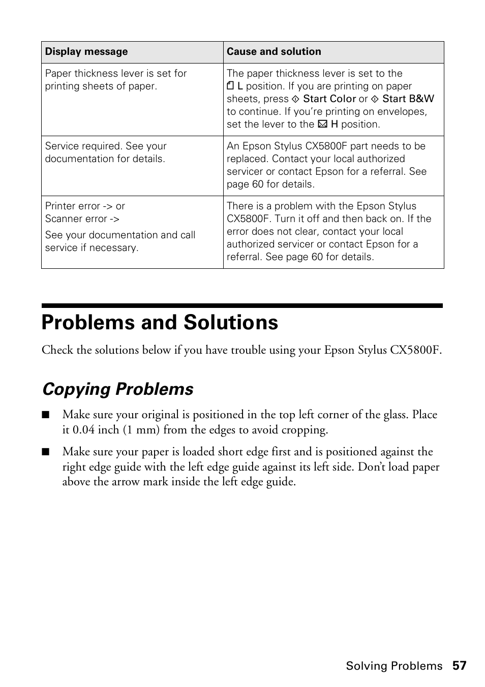 Problems and solutions, Copying problems | Garmin STYLUS CX5800F User Manual | Page 57 / 72