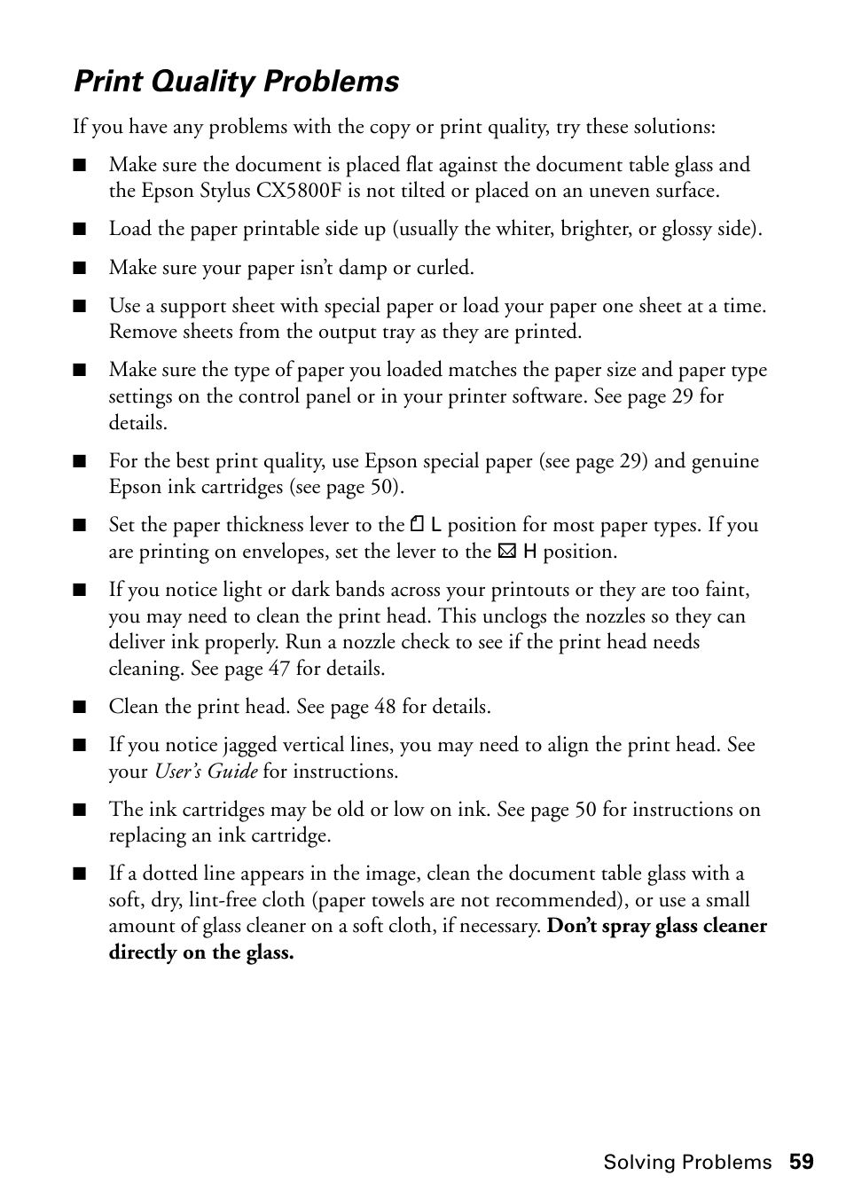 Print quality problems | Garmin STYLUS CX5800F User Manual | Page 59 / 72