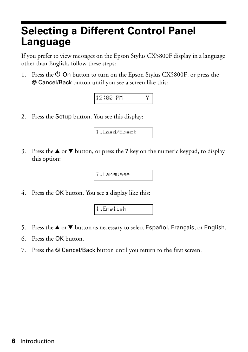 Selecting a different control panel language | Garmin STYLUS CX5800F User Manual | Page 6 / 72