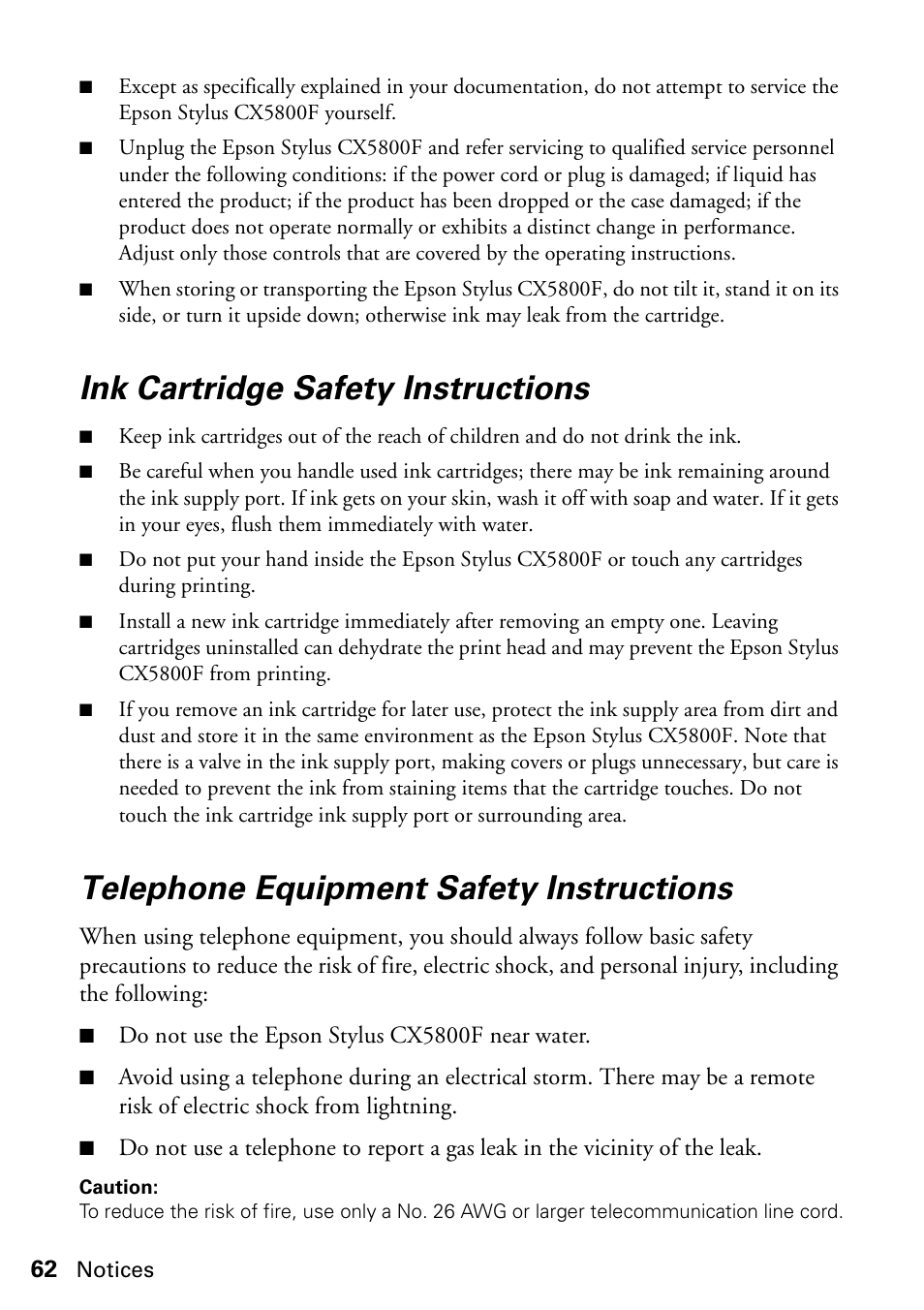 Ink cartridge safety instructions, Telephone equipment safety instructions | Garmin STYLUS CX5800F User Manual | Page 62 / 72