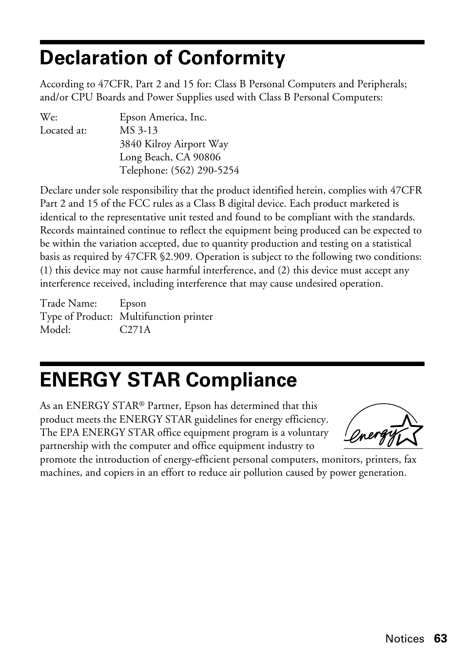 Declaration of conformity, Energy star compliance | Garmin STYLUS CX5800F User Manual | Page 63 / 72