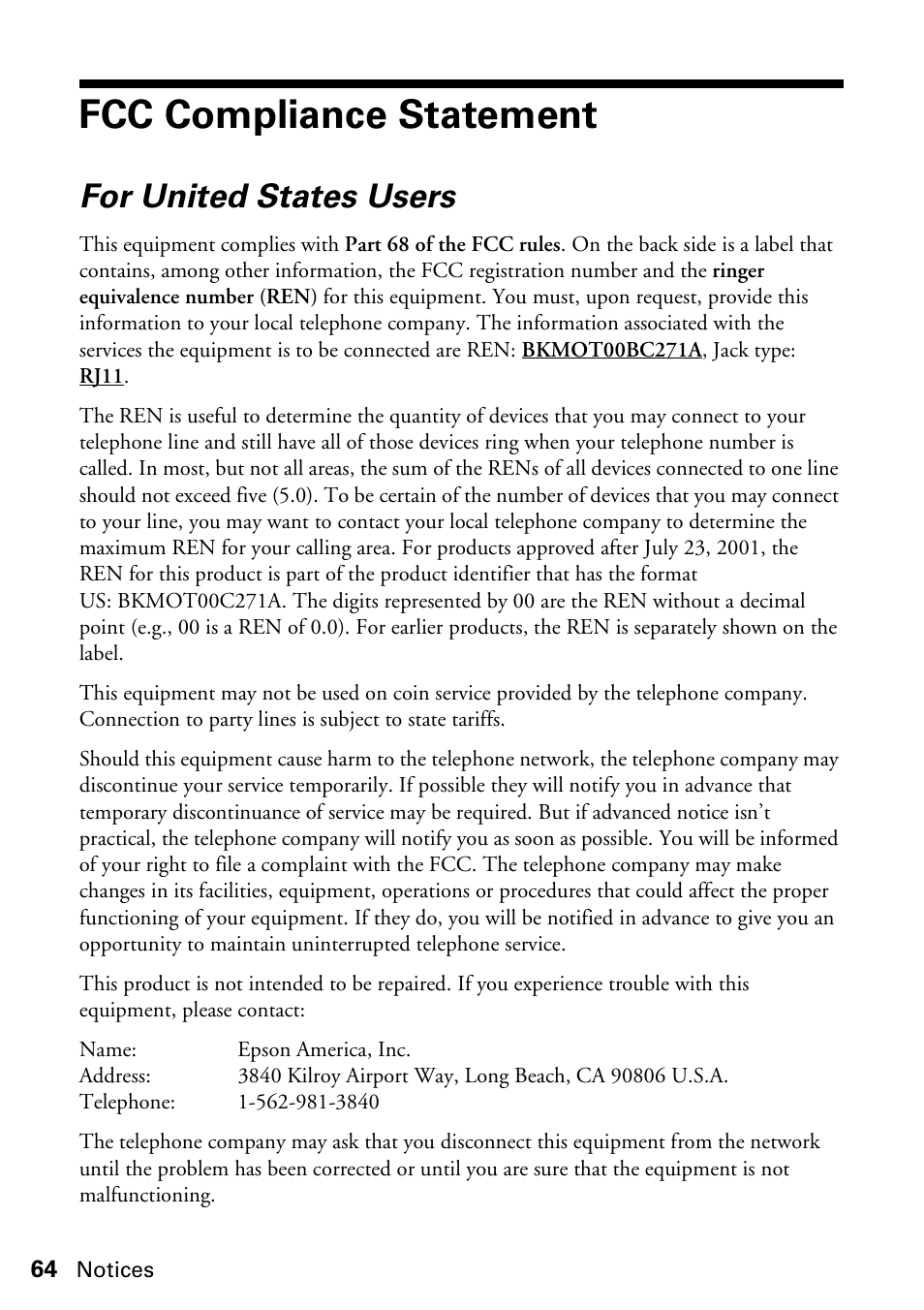 Fcc compliance statement, For united states users | Garmin STYLUS CX5800F User Manual | Page 64 / 72