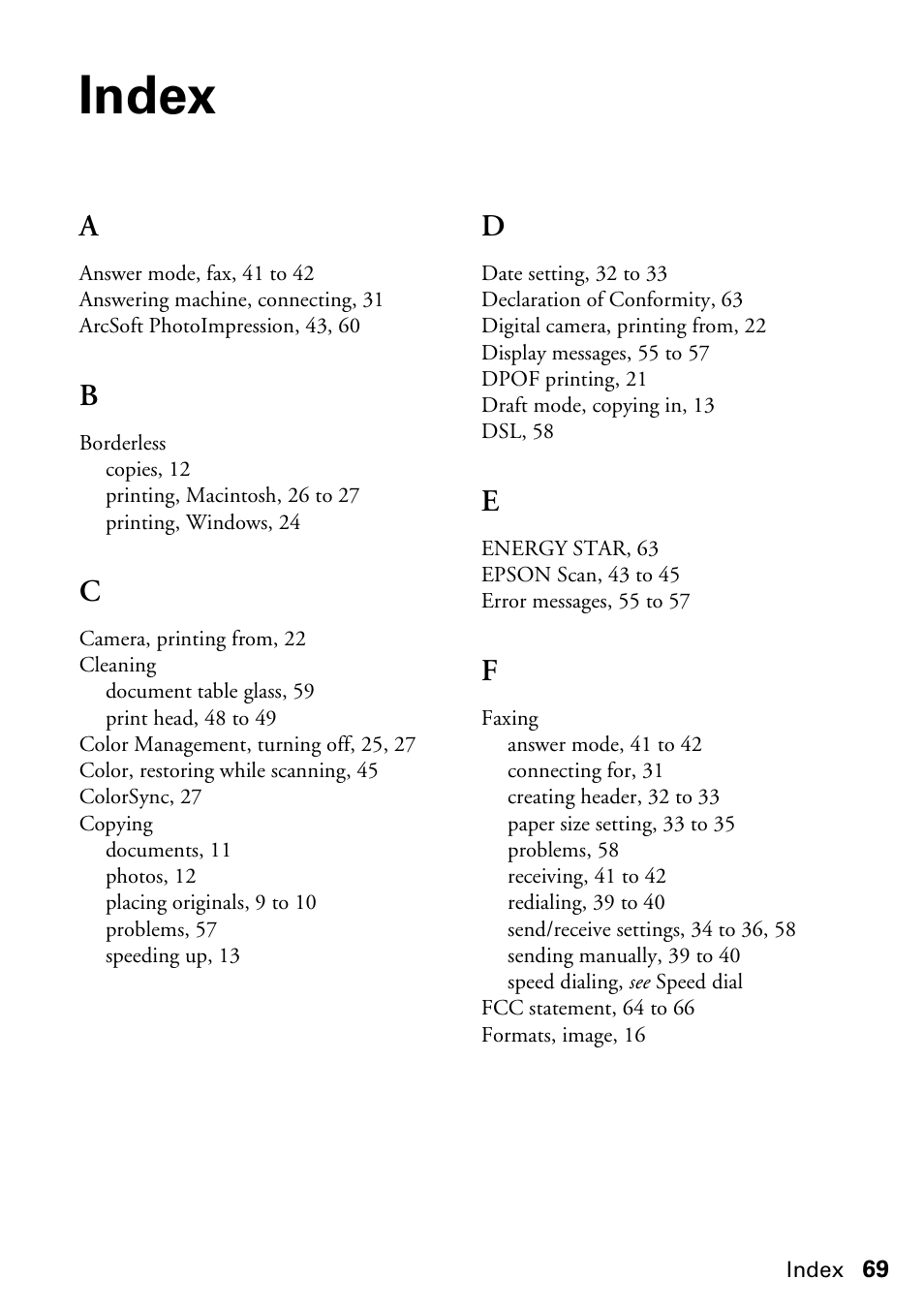 Index | Garmin STYLUS CX5800F User Manual | Page 69 / 72