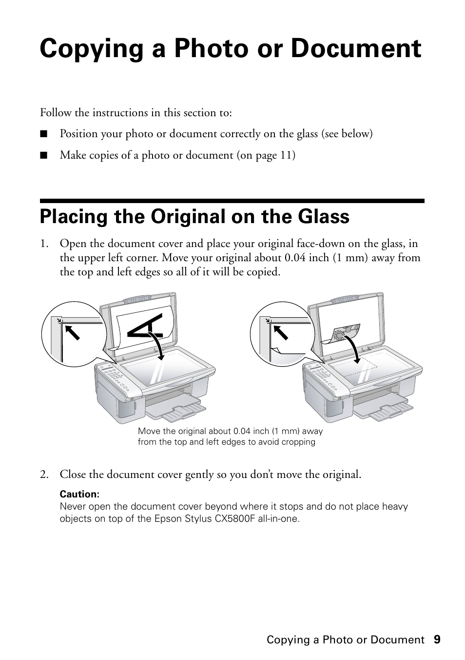 Copying a photo or document, Placing the original on the glass | Garmin STYLUS CX5800F User Manual | Page 9 / 72