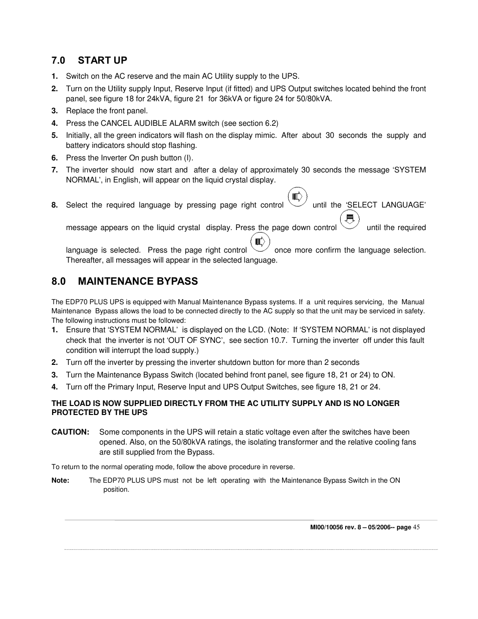 0 maintenance bypass, 0 start up | ETL EDP70 User Manual | Page 45 / 67