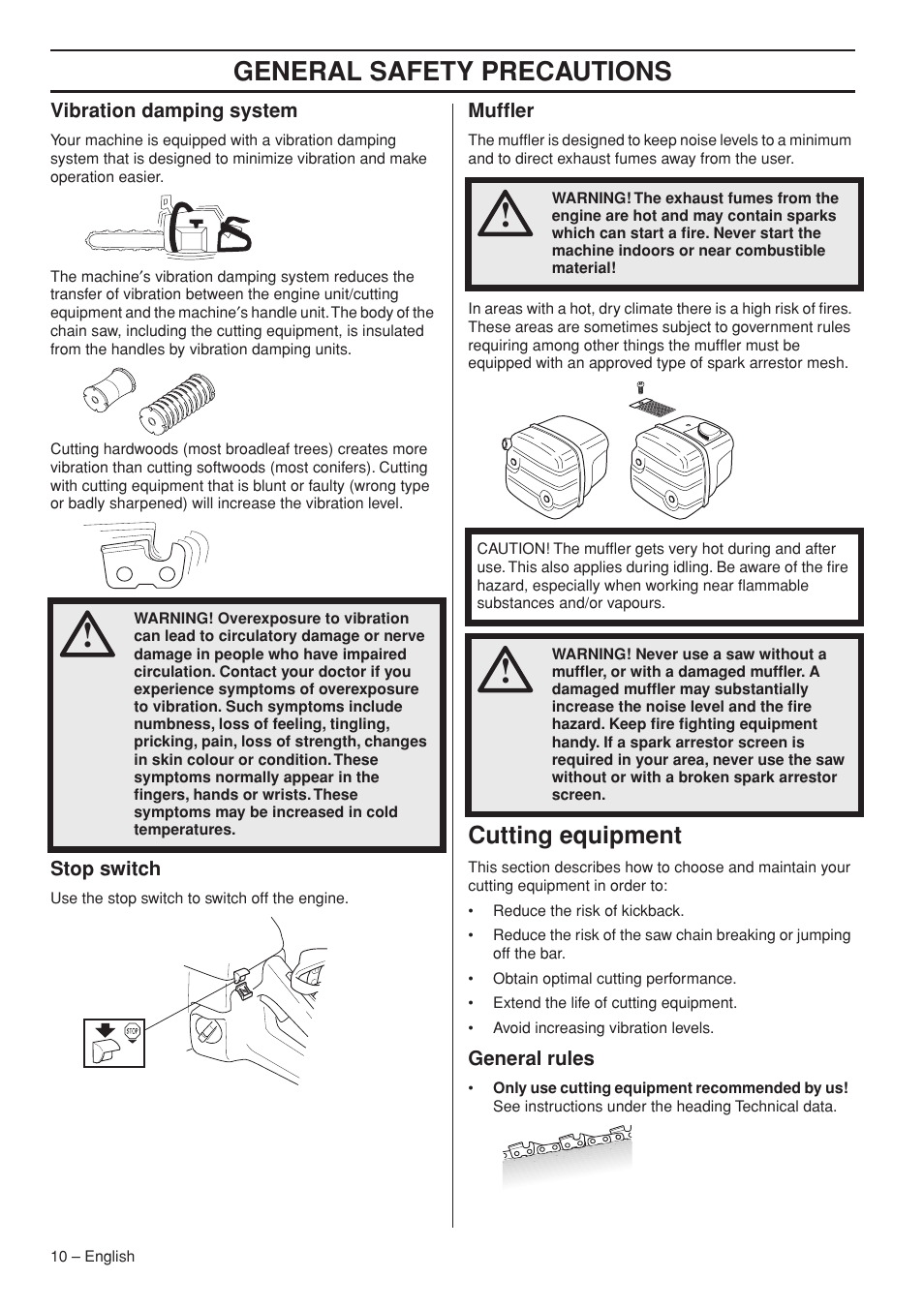 Vibration damping system, Stop switch, Muffler | Cutting equipment, General rules, General safety precautions | Garmin TRIOBRAKE 353 User Manual | Page 10 / 44