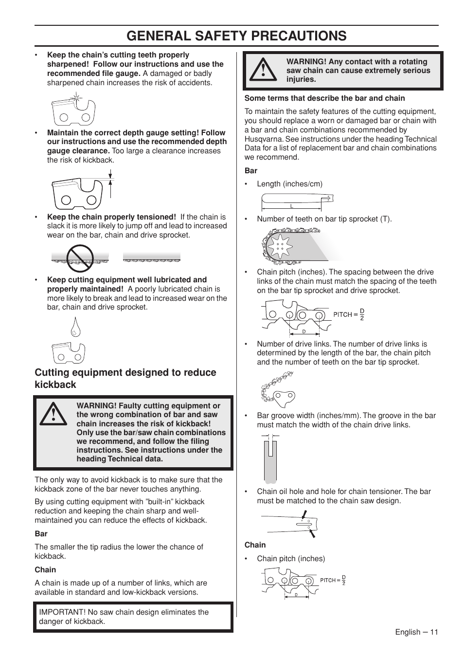 Cutting equipment designed to reduce kickback, General safety precautions | Garmin TRIOBRAKE 353 User Manual | Page 11 / 44