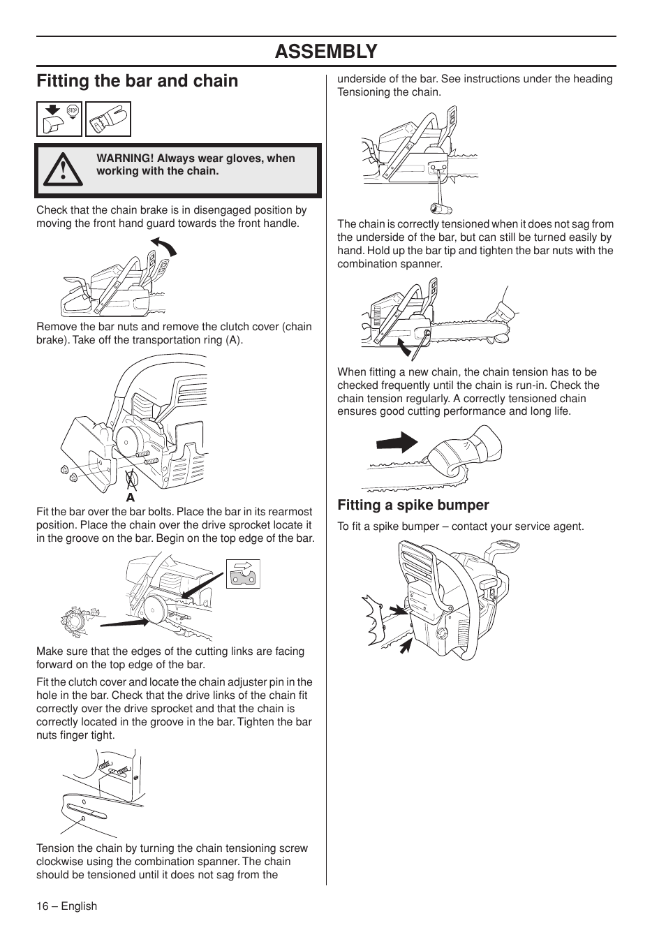 Fitting the bar and chain, Fitting a spike bumper, Assembly | Garmin TRIOBRAKE 353 User Manual | Page 16 / 44