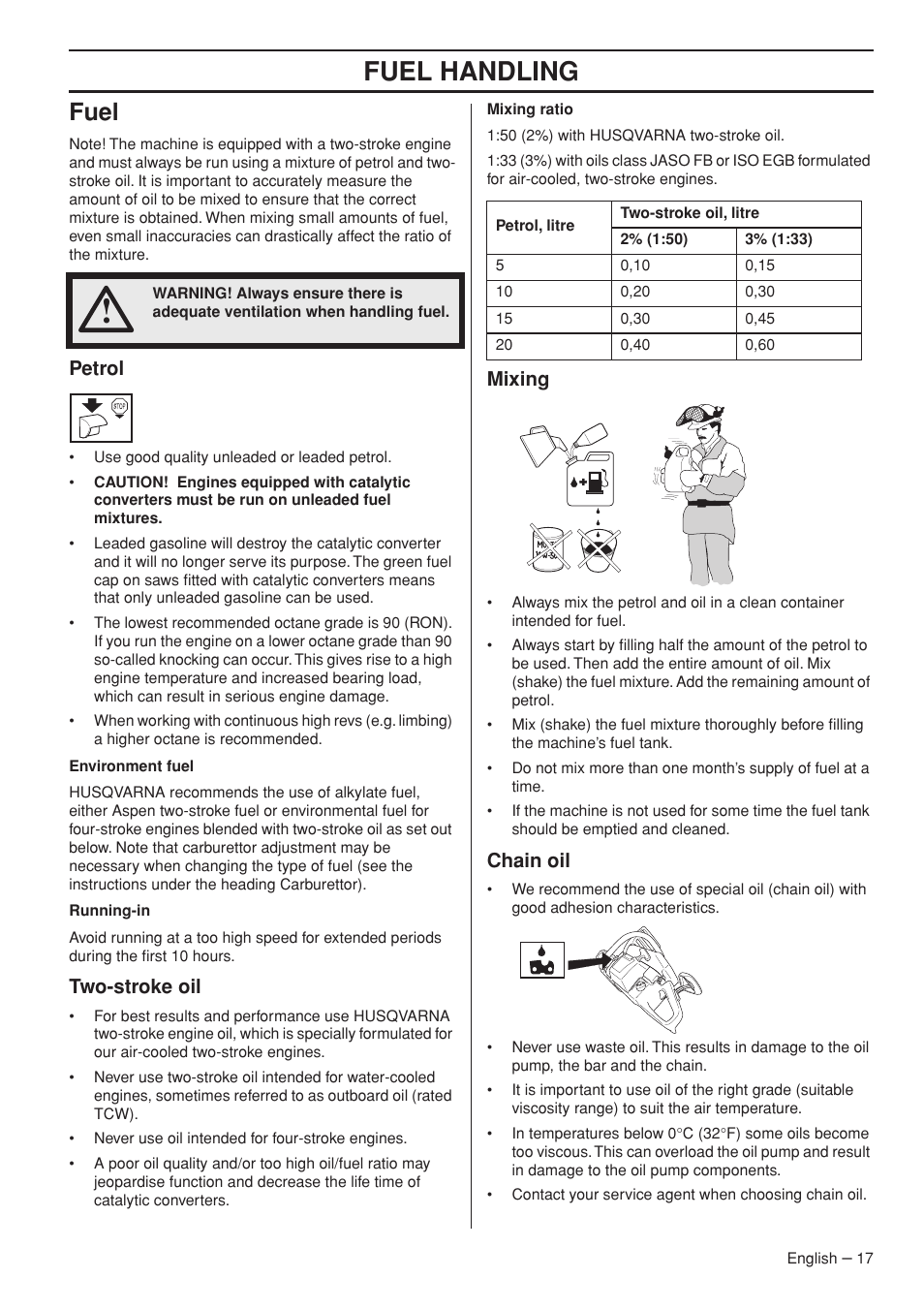 Fuel, Petrol, Two-stroke oil | Mixing, Chain oil, Fuel handling | Garmin TRIOBRAKE 353 User Manual | Page 17 / 44