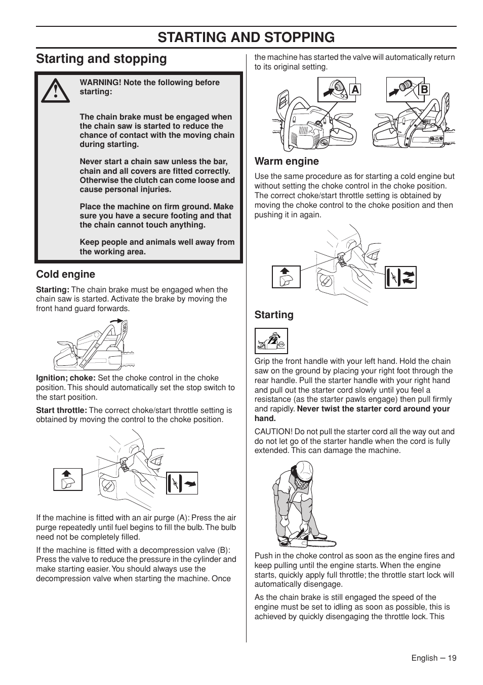 Starting and stopping, Cold engine, Warm engine | Starting | Garmin TRIOBRAKE 353 User Manual | Page 19 / 44