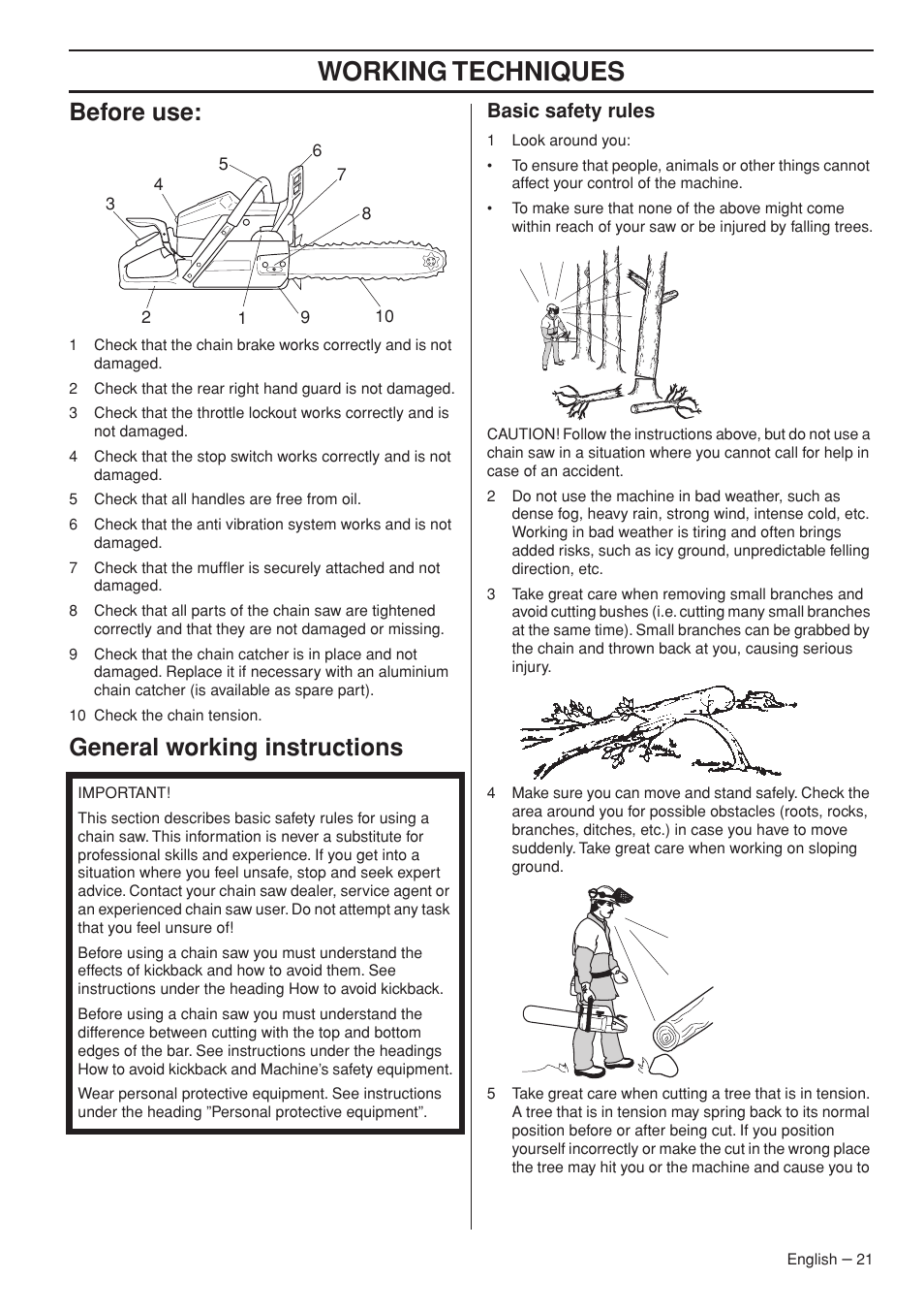 Before use, General working instructions, Basic safety rules | Working techniques | Garmin TRIOBRAKE 353 User Manual | Page 21 / 44