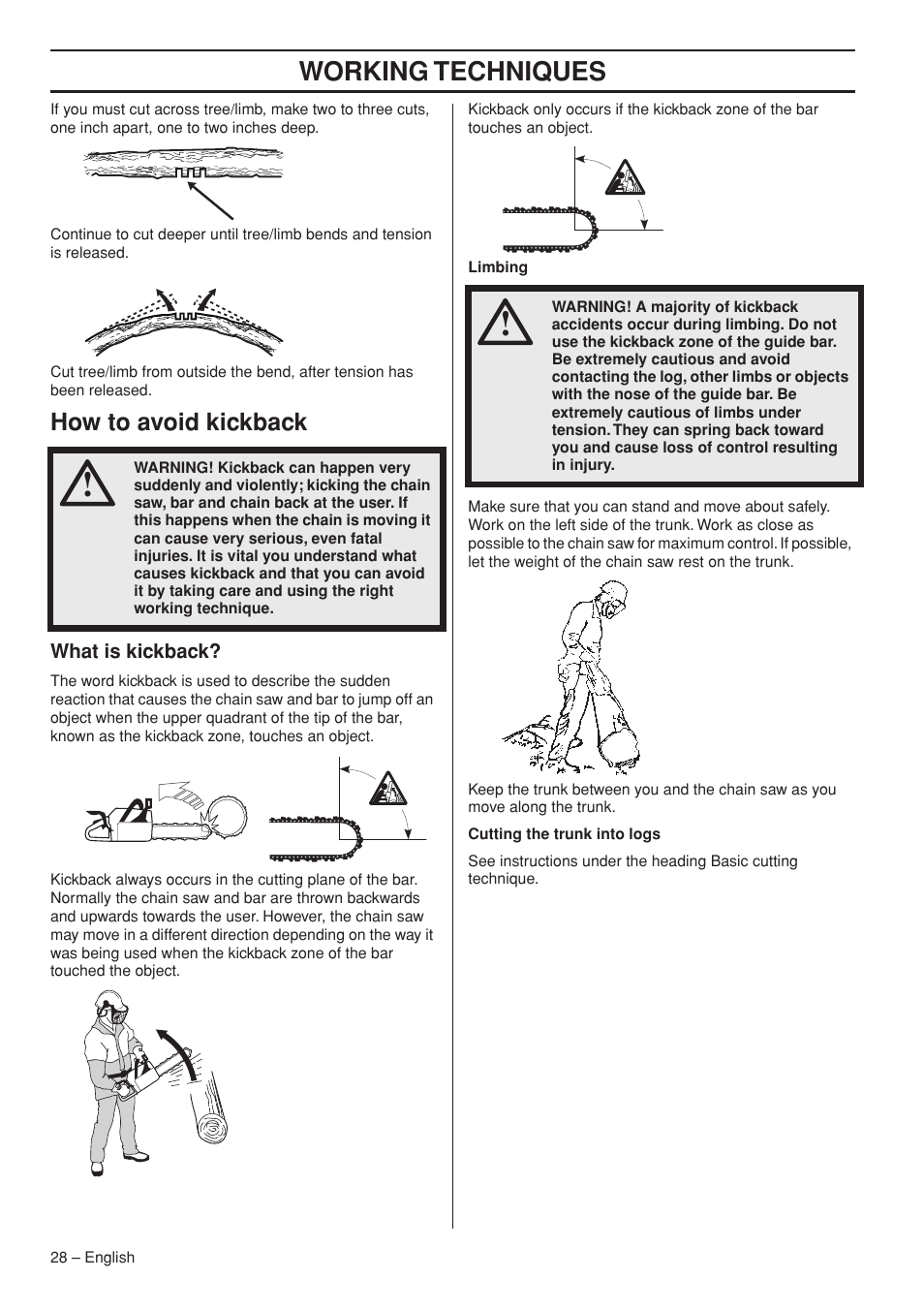 How to avoid kickback, What is kickback, Working techniques | Garmin TRIOBRAKE 353 User Manual | Page 28 / 44