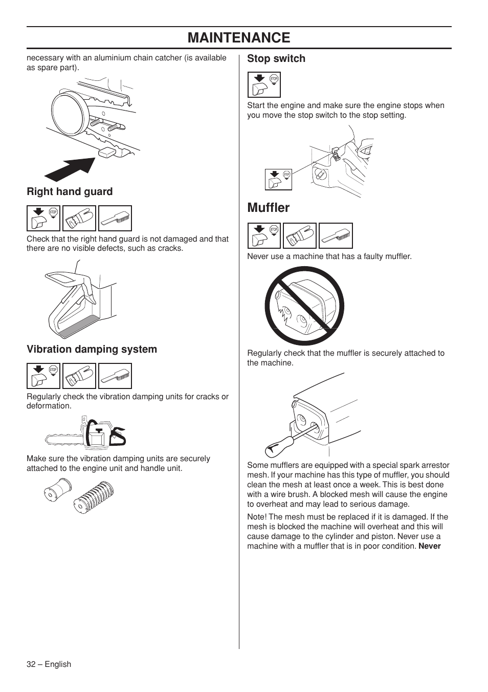 Right hand guard, Vibration damping system, Stop switch | Muffler, Maintenance | Garmin TRIOBRAKE 353 User Manual | Page 32 / 44