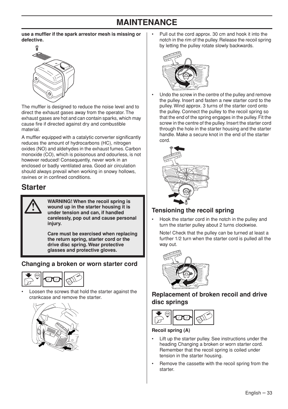 Starter, Changing a broken or worn starter cord, Tensioning the recoil spring | Maintenance | Garmin TRIOBRAKE 353 User Manual | Page 33 / 44