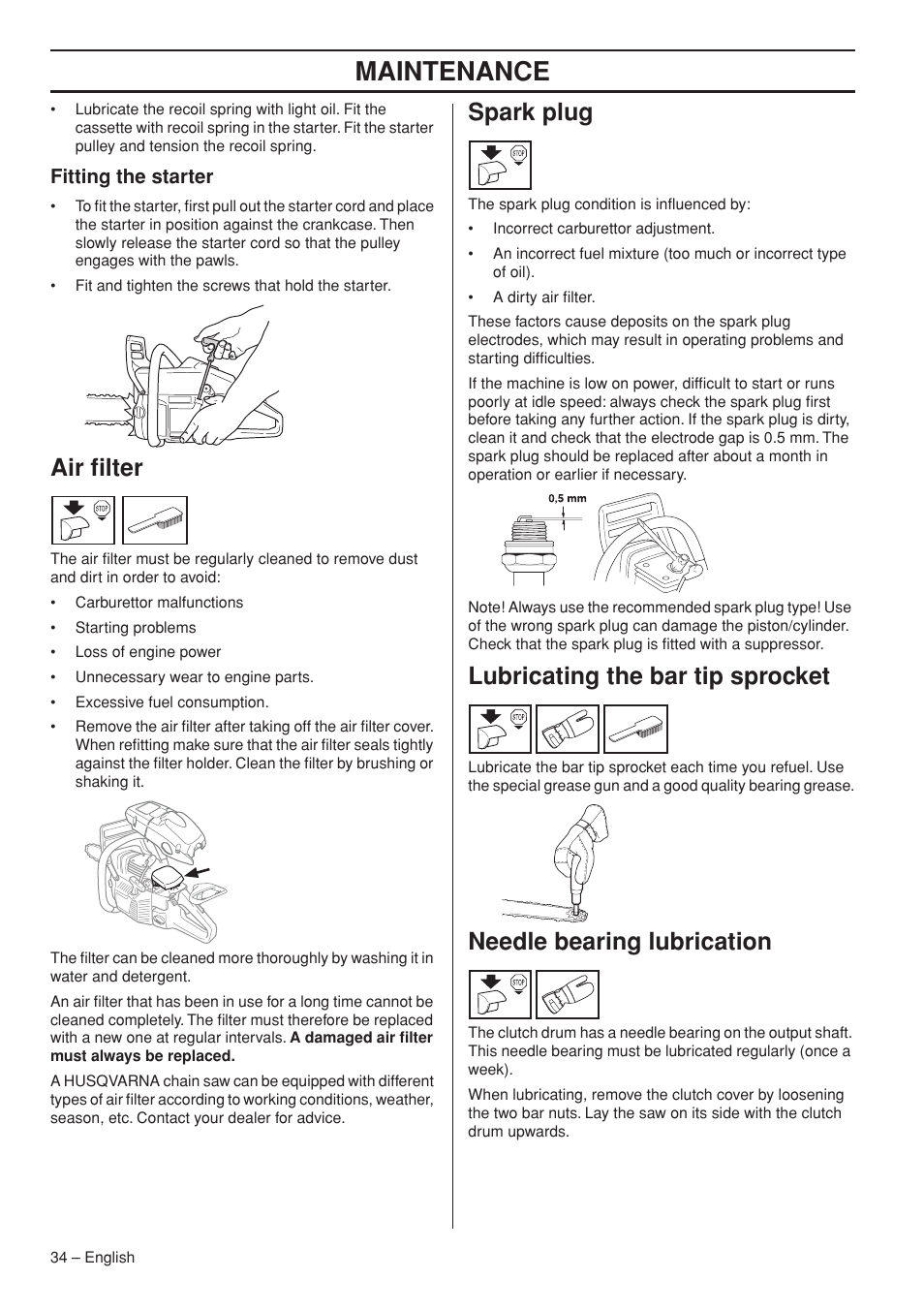 Fitting the starter, Air filter, Spark plug | Lubricating the bar tip sprocket, Needle bearing lubrication, Maintenance | Garmin TRIOBRAKE 353 User Manual | Page 34 / 44