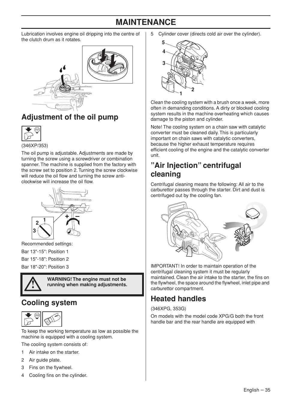 Adjustment of the oil pump, Cooling system, Air injection” centrifugal cleaning | Heated handles, Maintenance | Garmin TRIOBRAKE 353 User Manual | Page 35 / 44