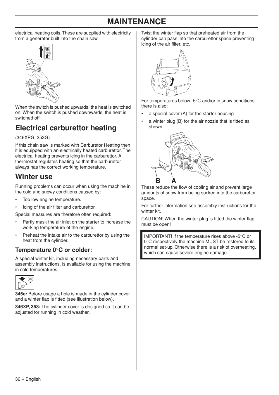 Electrical carburettor heating, Winter use, Temperature 0°c or colder | Maintenance, Temperature 0 ° c or colder | Garmin TRIOBRAKE 353 User Manual | Page 36 / 44