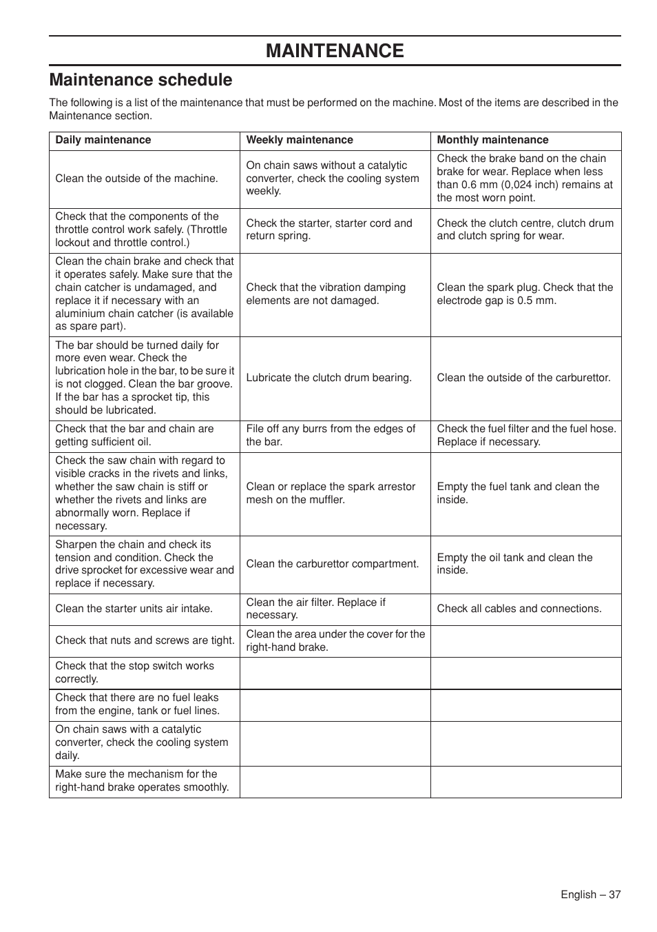 Maintenance schedule, Maintenance | Garmin TRIOBRAKE 353 User Manual | Page 37 / 44