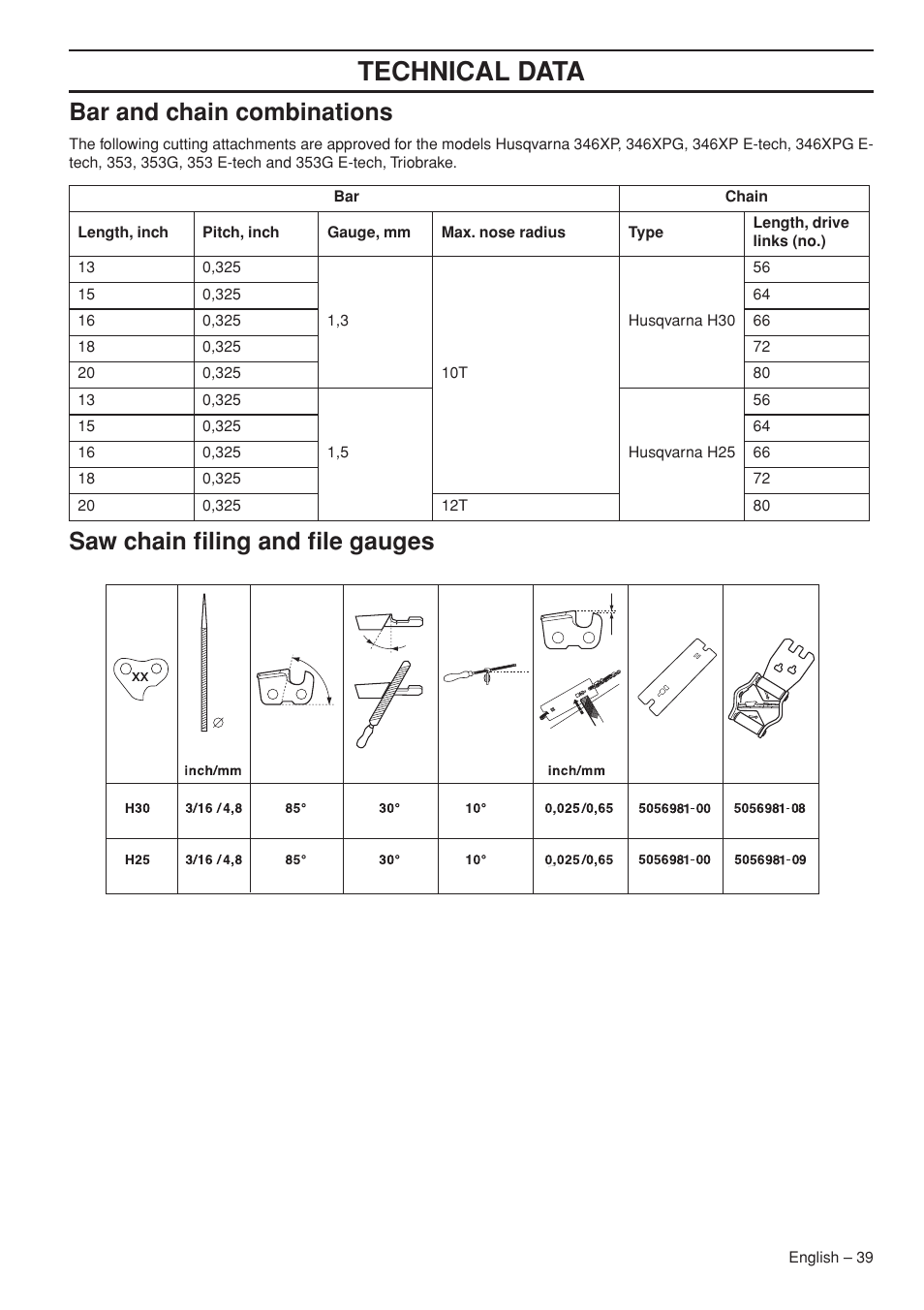 Bar and chain combinations, Saw chain filing and file gauges, Technical data | Garmin TRIOBRAKE 353 User Manual | Page 39 / 44