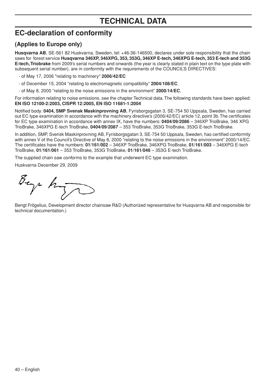 Ec-declaration of conformity, Applies to europe only), Technical data | Garmin TRIOBRAKE 353 User Manual | Page 40 / 44