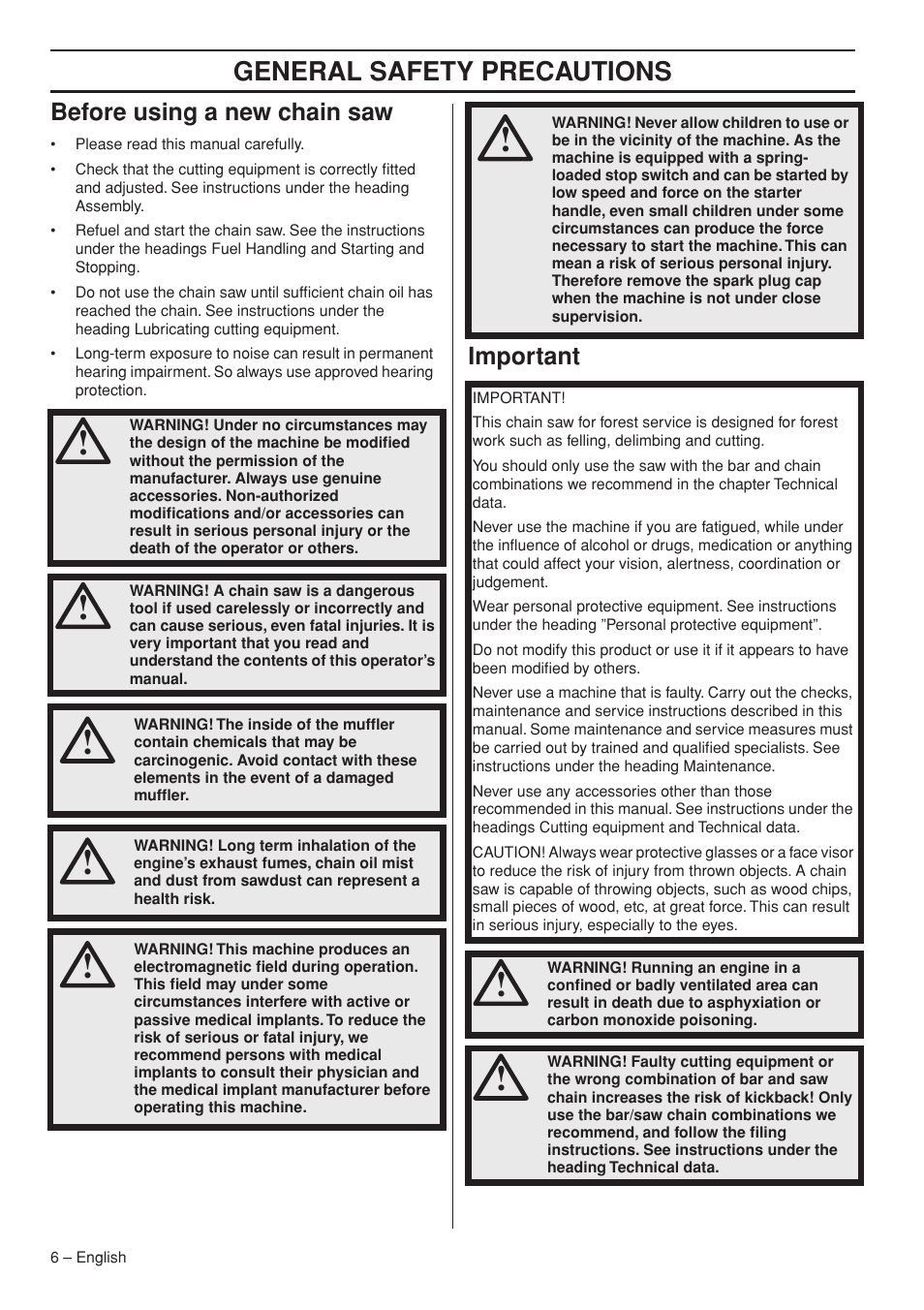 Before using a new chain saw, Important, General safety preca utions | Bef ore using a new chain saw, Impor tant | Garmin TRIOBRAKE 353 User Manual | Page 6 / 44