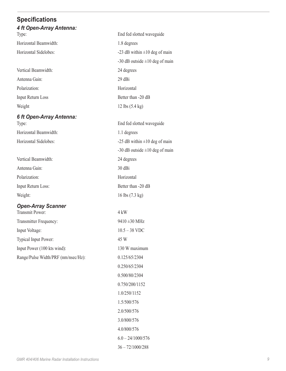 Specifications | Garmin GMR 190-00669-02 User Manual | Page 11 / 17