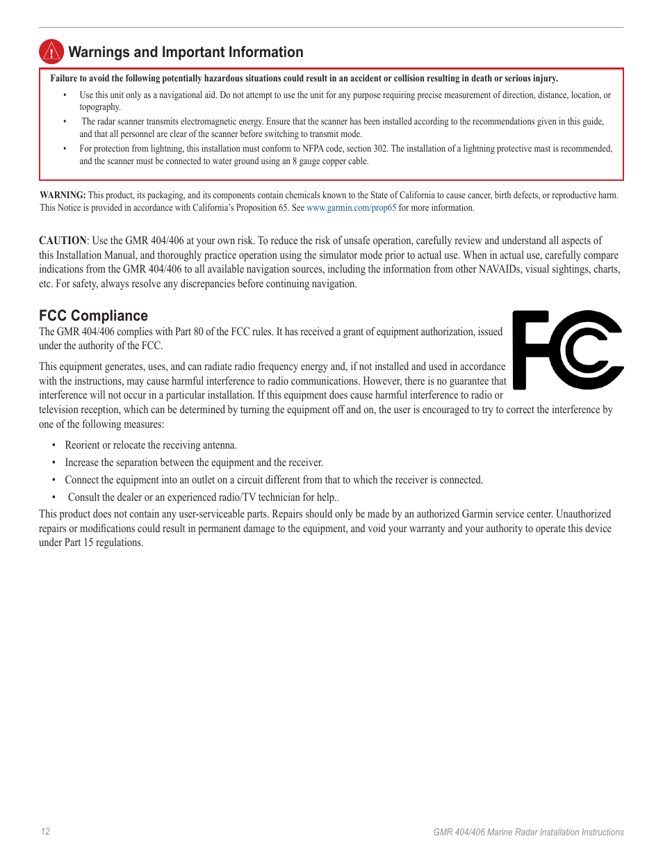 Warnings and important information, Fcc compliance | Garmin GMR 190-00669-02 User Manual | Page 14 / 17