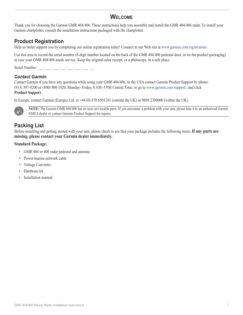 Product registration, Packing list | Garmin GMR 190-00669-02 User Manual | Page 3 / 17