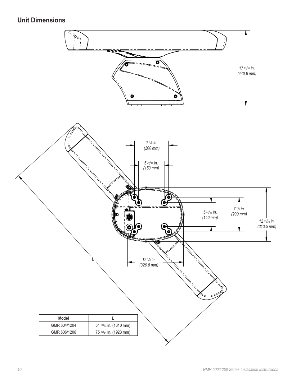 Unit dimensions | Garmin GMR 606 User Manual | Page 10 / 14