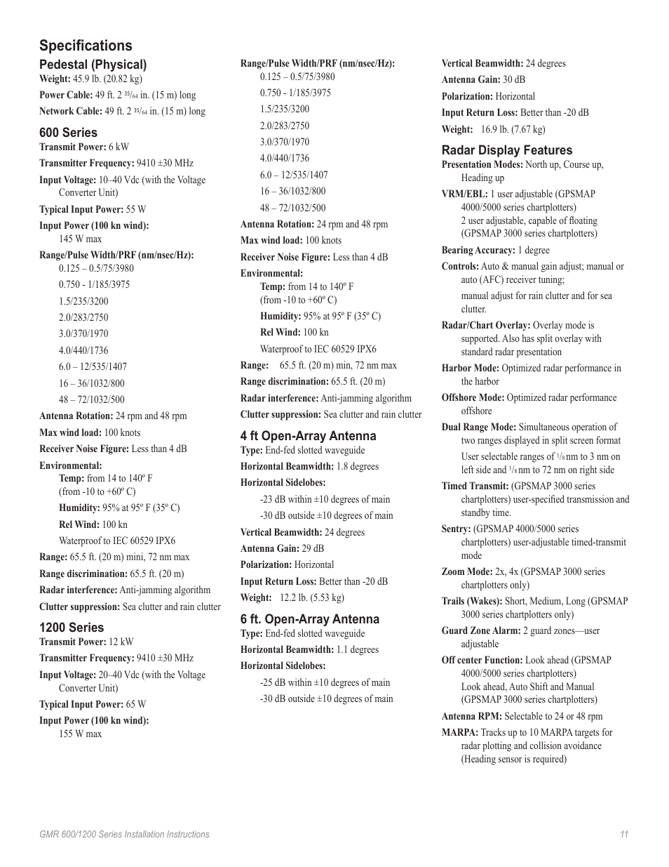 Specifications | Garmin GMR 606 User Manual | Page 11 / 14