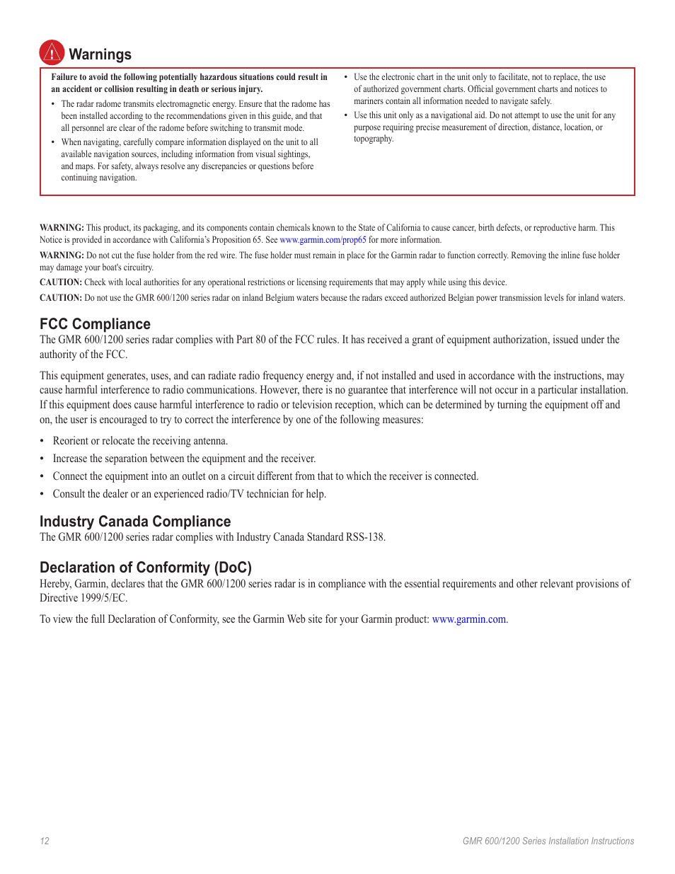 Warnings, Fcc compliance, Industry canada compliance | Declaration of conformity (doc) | Garmin GMR 606 User Manual | Page 12 / 14