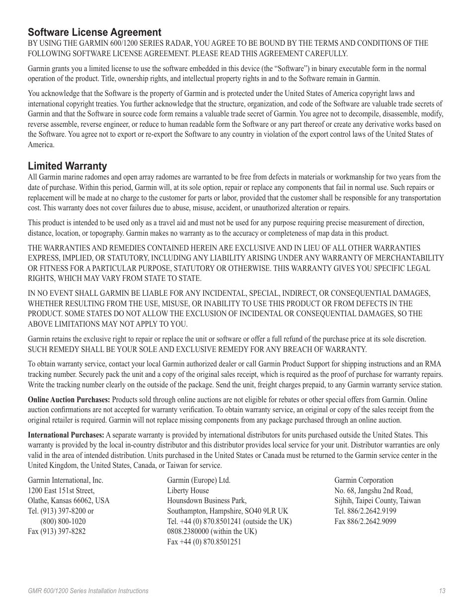 Software license agreement, Limited warranty | Garmin GMR 606 User Manual | Page 13 / 14