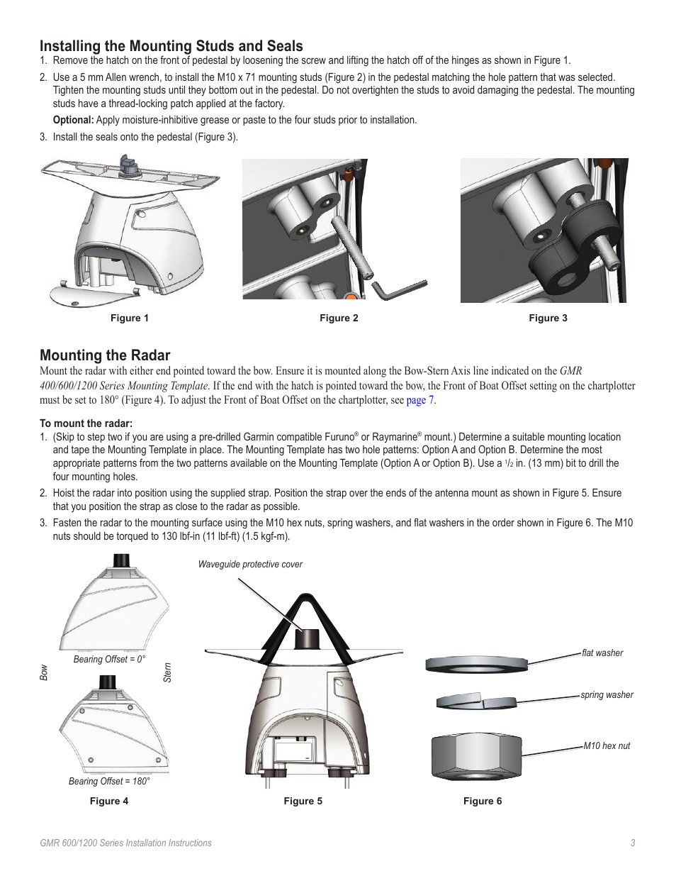 Installing the mounting studs and seals, Mounting the radar | Garmin GMR 606 User Manual | Page 3 / 14
